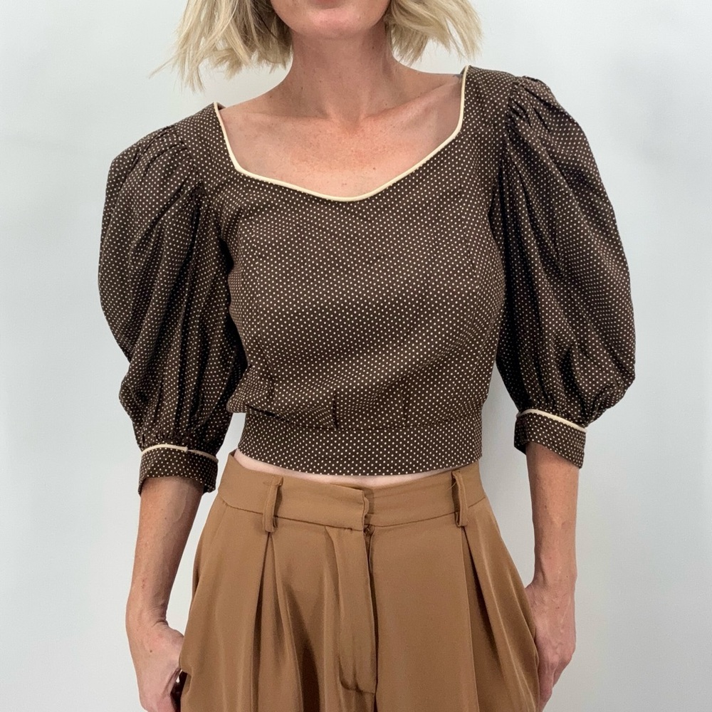 Homemade Womens Polka Dot Top Small Prairie Cottage Victorian Puff Sleeve Brown